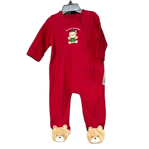 Little Me "My First Christmas" Teddy Bear Footed Bodysuit, Red, 6M - Picture 1 of 12